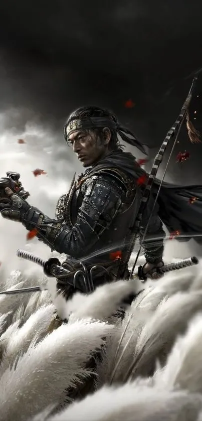 Epic samurai warrior in dramatic battle scene, surrounded by mystical landscape.