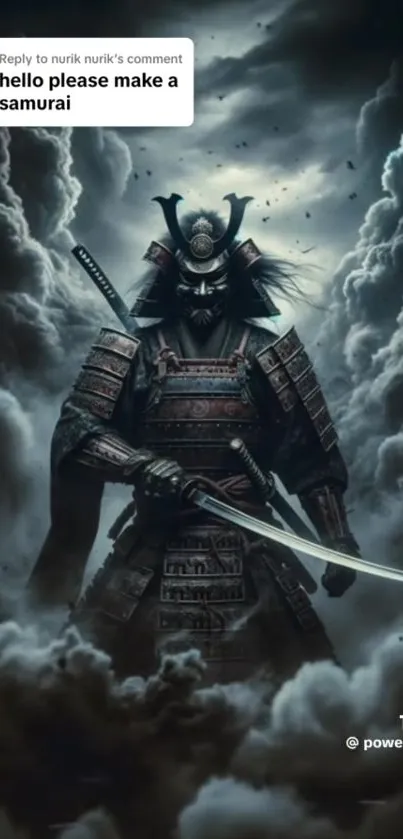 Epic samurai warrior stands amid swirling stormy clouds.