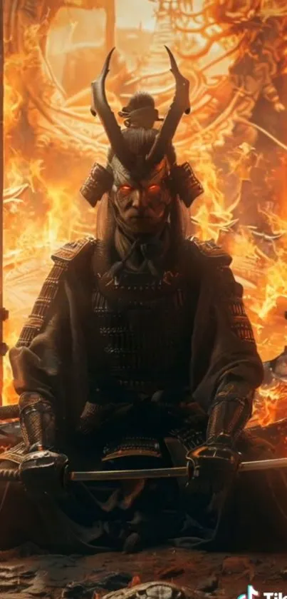 Samurai in armor sits surrounded by fiery flames.