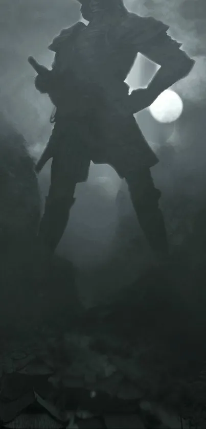 Epic shadow of a samurai in grayscale with a misty night setting.