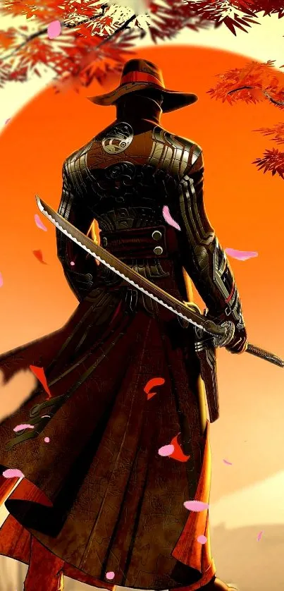 Samurai stands against a vibrant orange sunset with falling autumn leaves.