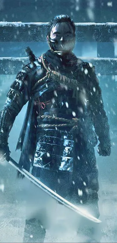 Samurai warrior stands in snowy scene with sword drawn, showcasing epic battle setting.