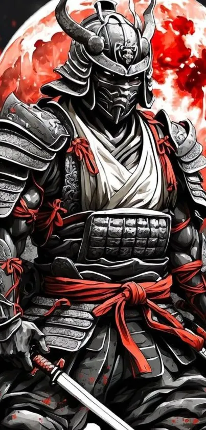 Epic samurai warrior in red and black armor with a dramatic moon backdrop.