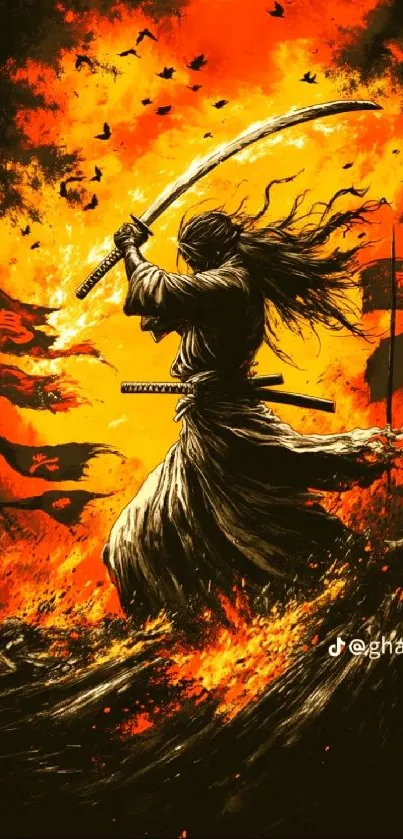 Samurai warrior with katana amidst fiery background.