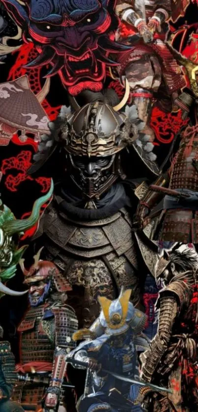 Samurai warriors in intricate armor collage wallpaper.