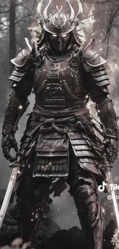 Samurai warrior in armor with swords in a foggy forest.