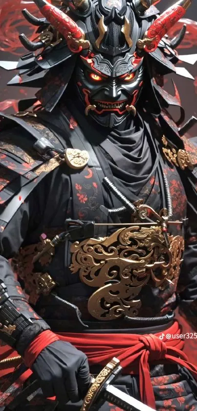 Fierce samurai warrior in ornate armor with red and gold accents.