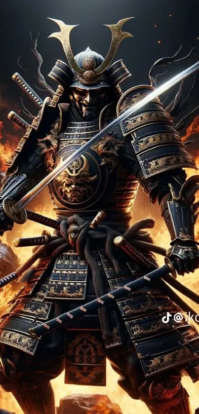 Samurai warrior in flaming armor with sword drawn in action pose.