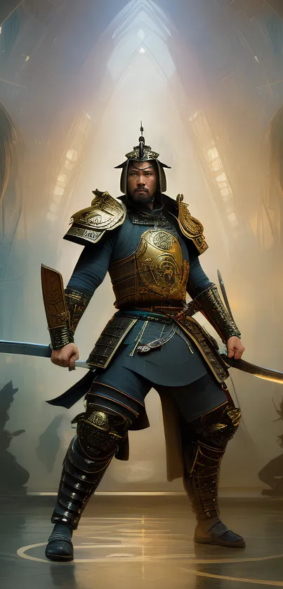 Epic samurai warrior with intricate armor in dramatic setting.