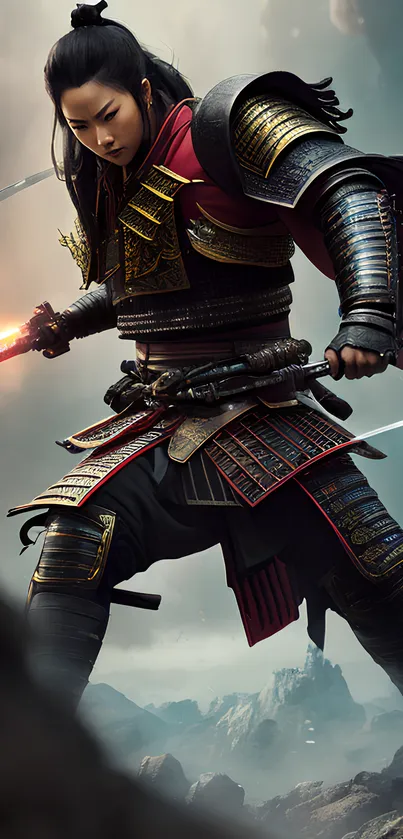 Samurai warrior in armor with glowing sword against dramatic landscape.