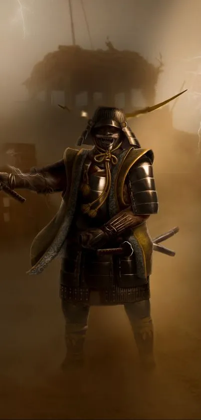 Samurai warrior standing with sword in mystical setting.