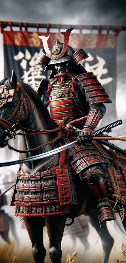 Samurai warrior on horseback in full armor against a historic backdrop.