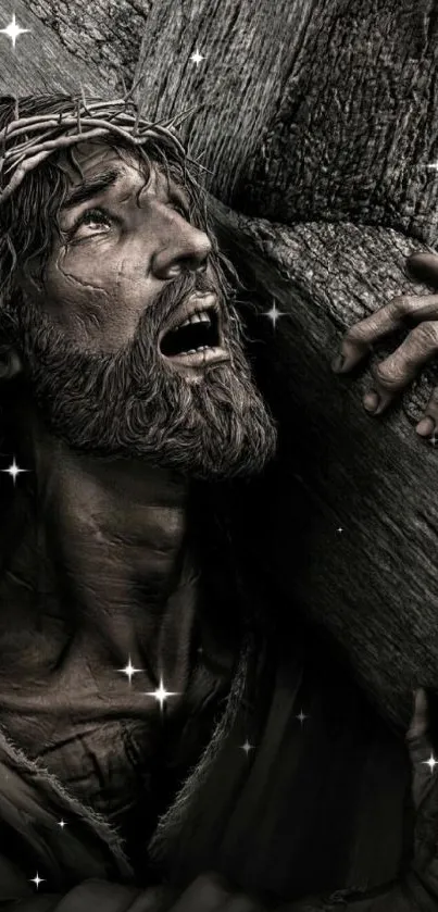 Epic depiction of Jesus carrying a cross on a dark background.