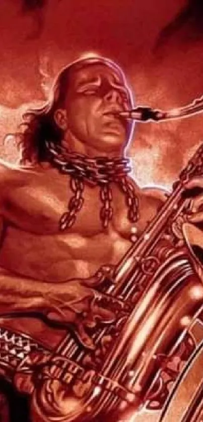 Epic saxophone player artwork in vivid red tones.