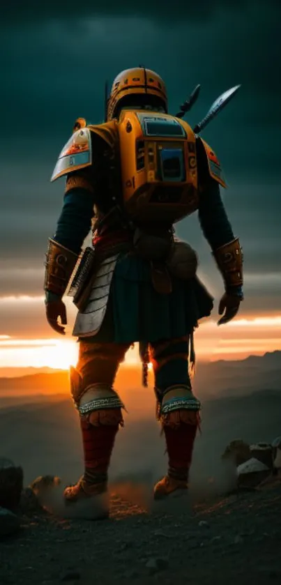 Futuristic warrior in armor at sunset, epic sci-fi mobile wallpaper.