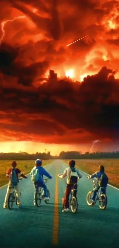 Kids biking under a dramatic fiery sky.