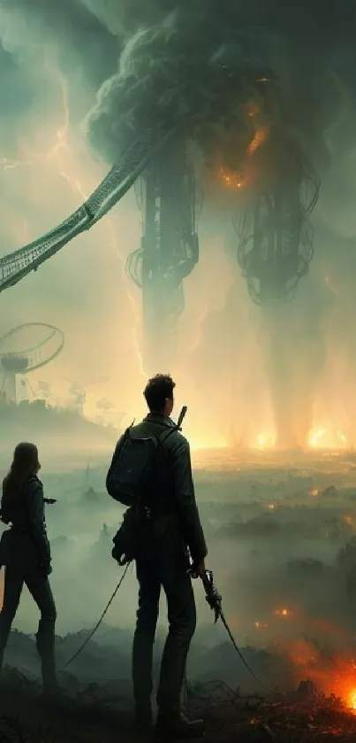 Epic sci-fi landscape with figures and glowing sky.