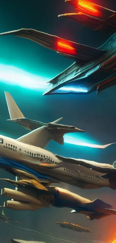 Futuristic sci-fi air battle with spacecraft and airplane in cosmic sky.