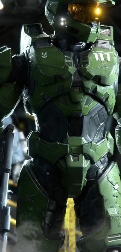 Epic sci-fi soldier in detailed green armor with glowing elements.