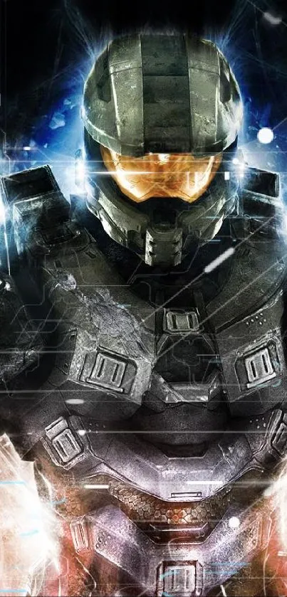 Sci-fi soldier in futuristic armor with glowing effects mobile wallpaper.