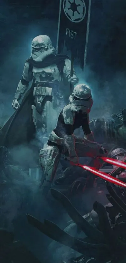 Epic stormtrooper battle in dark, moody setting.