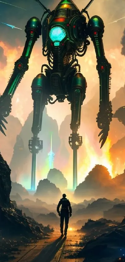 Epic sci-fi scene with giant robot and fiery landscape.