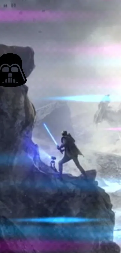 Epic sci-fi battle scene with glowing sword and rugged landscape.