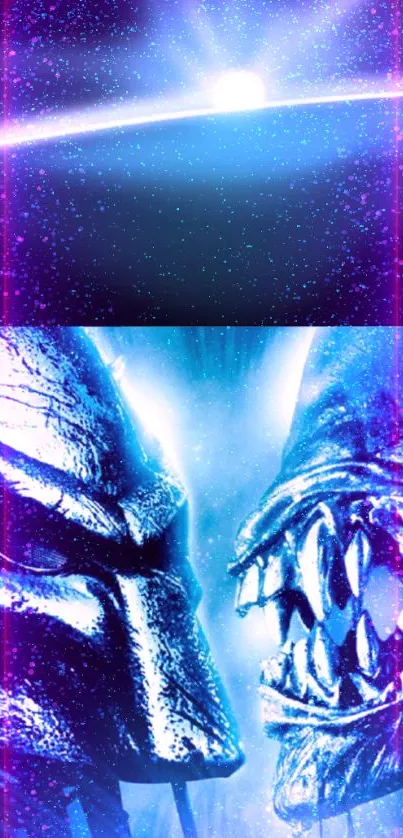 Epic cosmic sci-fi battle wallpaper with blue hues and dramatic visuals.