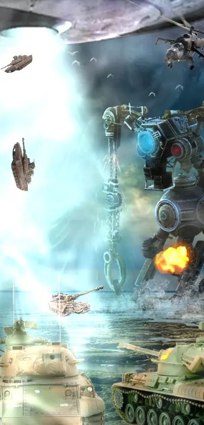 Epic sci-fi scene with robots and tanks in battle.