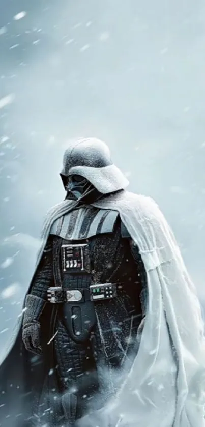 Legendary sci-fi character in dramatic snowy setting.