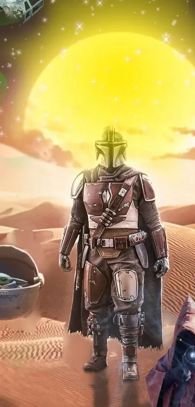 Sci-fi knight in desert with glowing sun and vibrant scene.