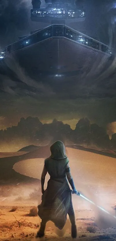 Epic sci-fi desert scene with hooded figure and spaceship.