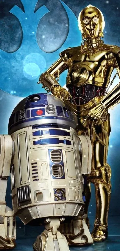 Droids from a sci-fi universe on a blue background.