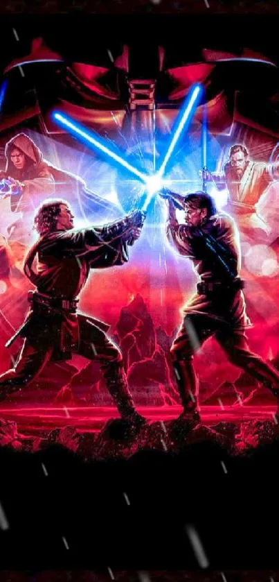 Epic sci-fi lightsaber duel with vibrant colors.