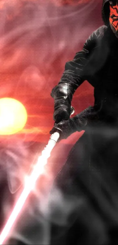 Epic sci-fi scene with dual sunset and mysterious figure holding a red lightsaber.