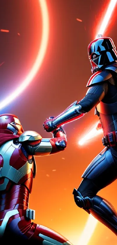 Epic sci-fi duel between two iconic characters in a vibrant digital artwork.