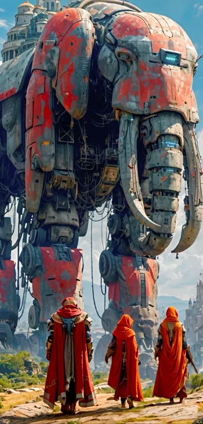 Robotic elephant with cloaked figures in a futuristic cityscape.