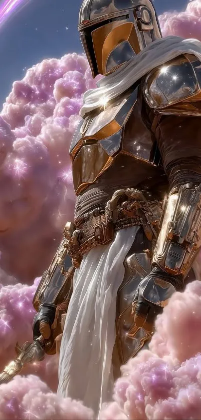 Futuristic armored figure in pink clouds on mobile wallpaper.