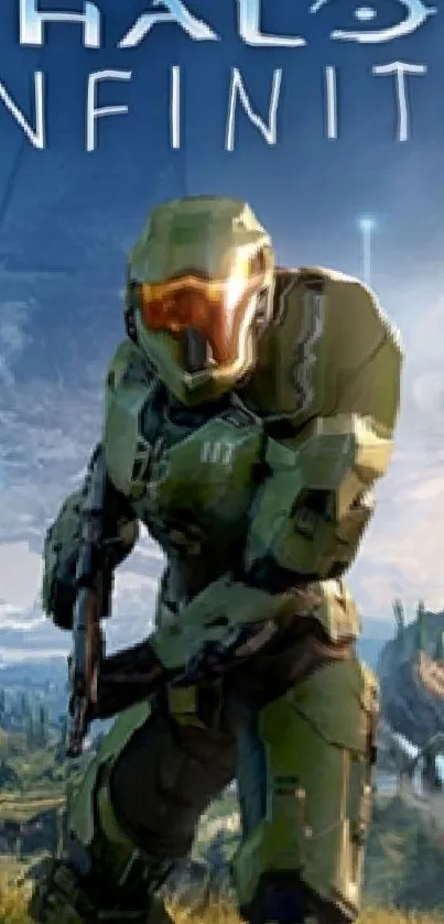 Iconic Halo Infinite game art featuring green armored character.