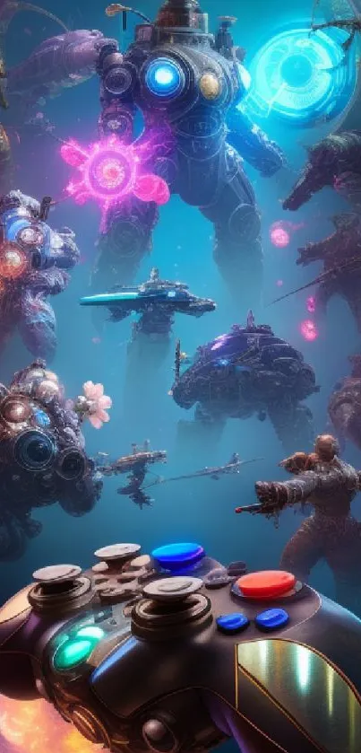 Futuristic sci-fi wallpaper with robots and gaming controller.