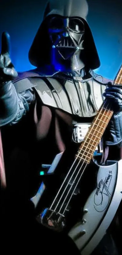 Sci-fi character plays guitar on blue background, creating an epic vibe.