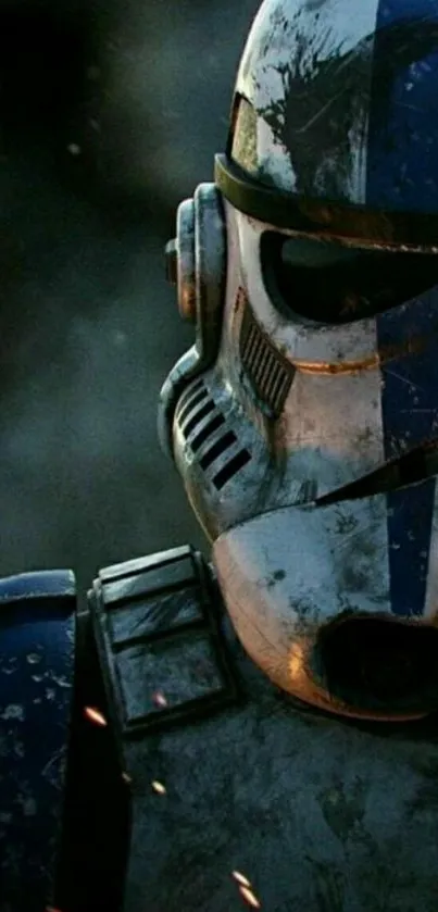 Battle-worn sci-fi helmet with blue accents.