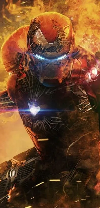 Epic sci-fi hero engulfed in fiery energy on wallpaper.