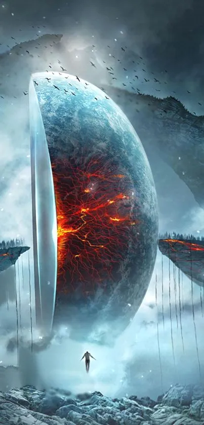 Epic sci-fi landscape with mystical planet and glowing red cracks.