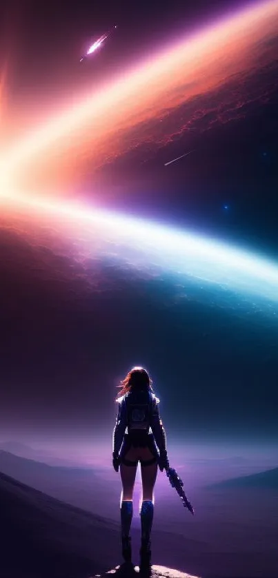 Astronaut stands beneath a luminous sci-fi sky, capturing a cosmic and futuristic landscape.