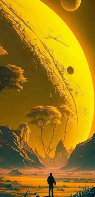 Epic sci-fi landscape with planet and astronaut in vivid yellows and oranges.
