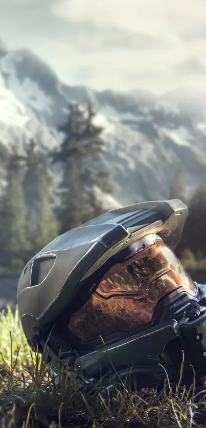 Futuristic helmet in mountainous landscape scenery.