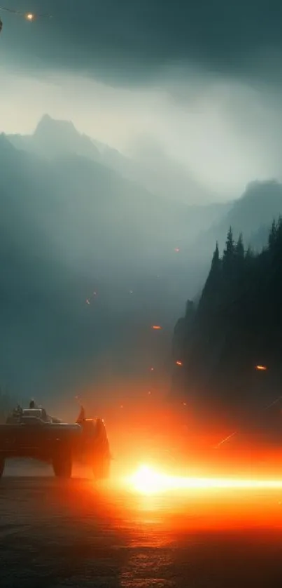 Epic sci-fi landscape with vehicle in glowing mountain scenery.