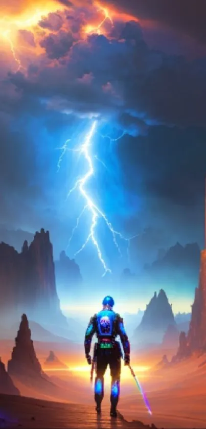 Futuristic landscape with traveler and lightning under vibrant sky.