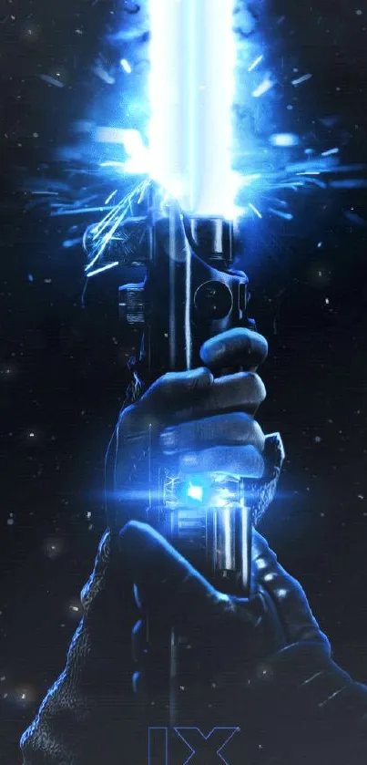 Sci-fi wallpaper featuring a glowing blue lightsaber against a dark background.